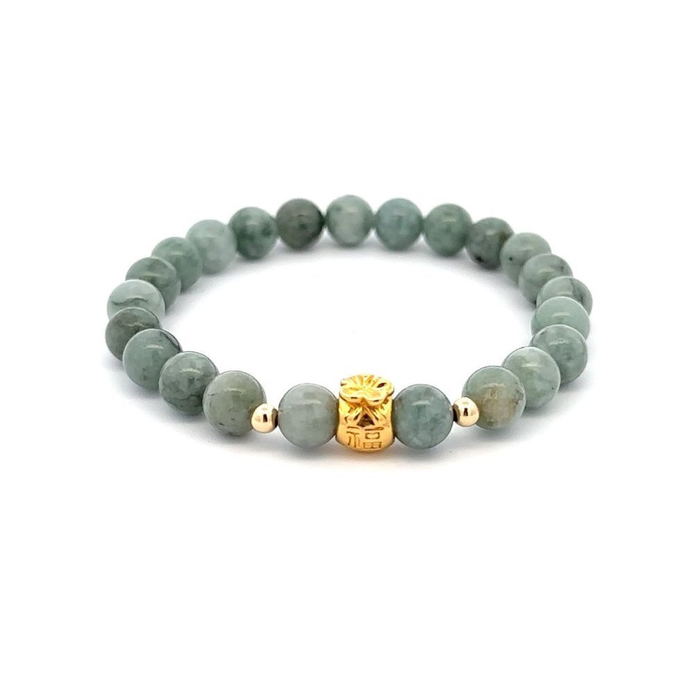 18K Gold Money Bag Lucky Charm Beads Bracelet Gemstones Natural Burmese Jade 6mm